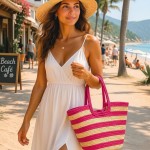 Straw Tote: Striped Woven Wheat Straw Tote - Fuchsiam - BG-B11047FU